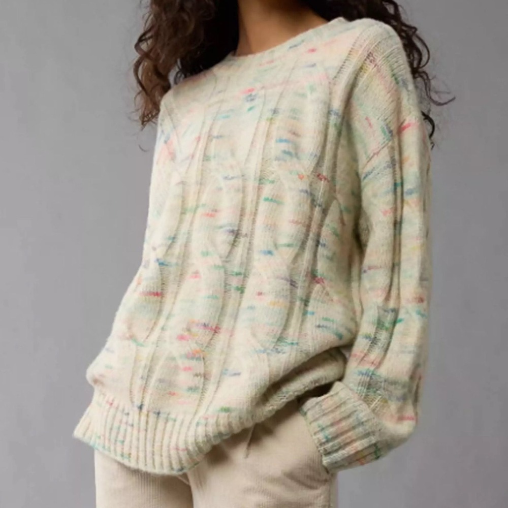 NWT American Eagle Whoa So Soft Cable Knit Confetti Sweater S Oversized Slouchy